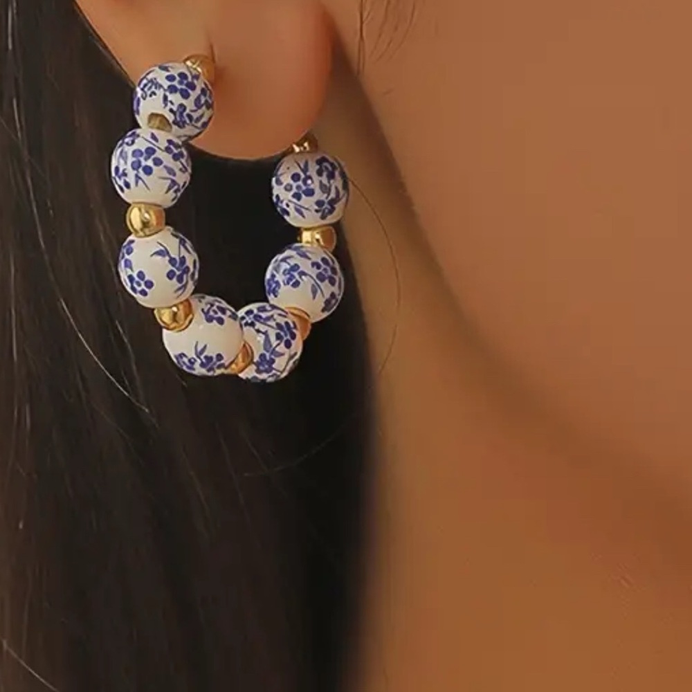 Elegant Blue and Gold Floral Hoop Earrings